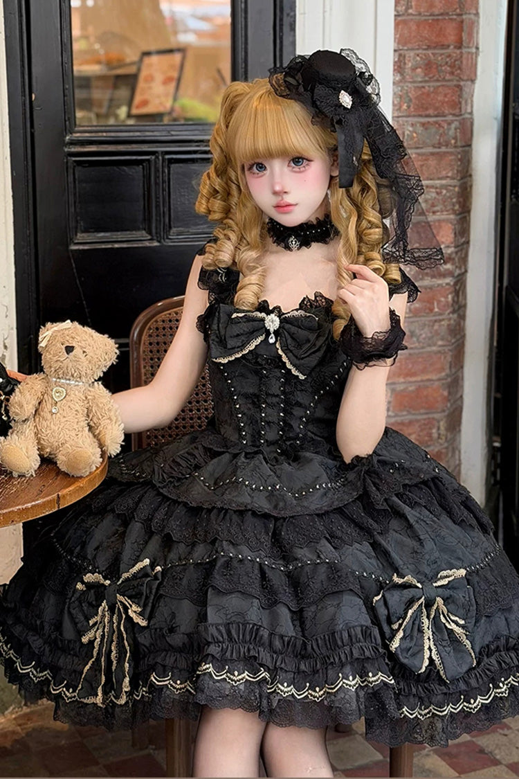 Black [Day and Night Duality] Square Collar Sleeveless Multi-Layered Jacquard Ruffled Bow Lace Gothic Lolita Jsk Dress - Product - 6