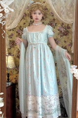 Green [Spring of Nai] Square Collar Short Sleeves Print Pearl Sweet Elegant Lolita Dress - Product - 3