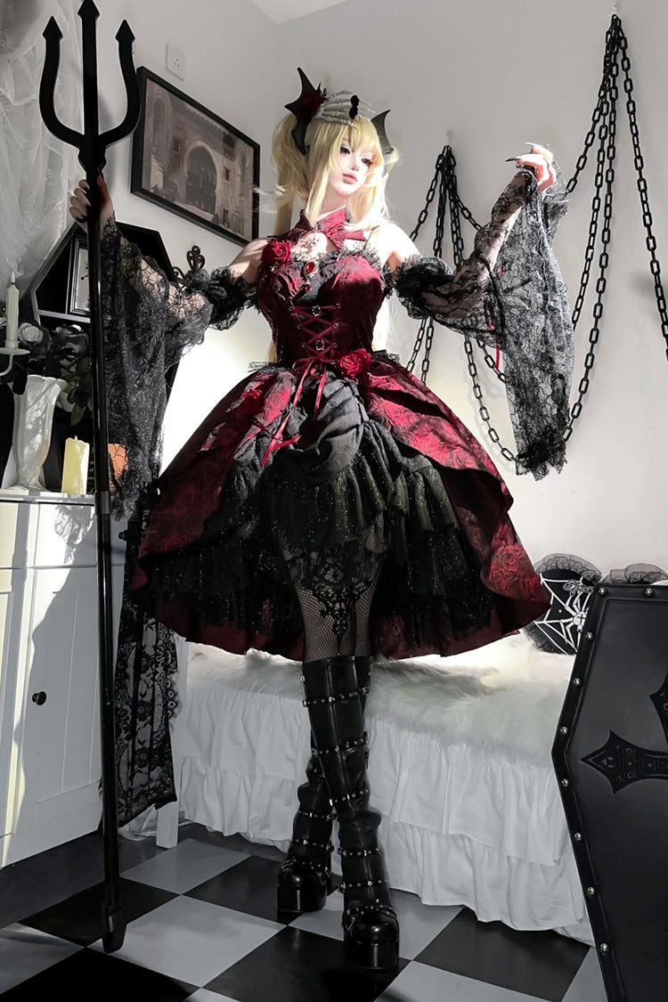 Black/Red [Weeping Rose] Jacquard Print Ruffle Cardigan Bowknot Lace-Up Gothic Lolita Dress - Product - 8