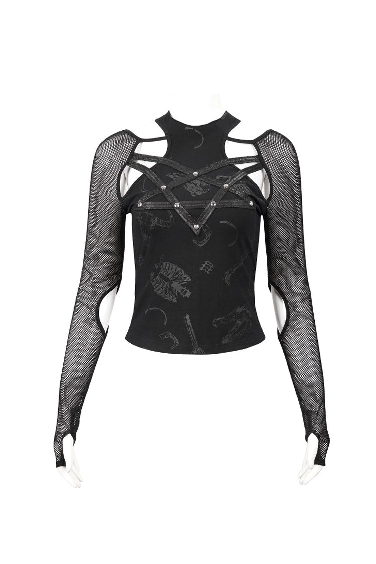 Black Pentagram Leather Striped Long Sleeve Women's Gothic T-Shirt - Product - 6