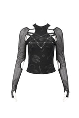 Black Pentagram Leather Striped Long Sleeve Women's Gothic T-Shirt - Product - 6
