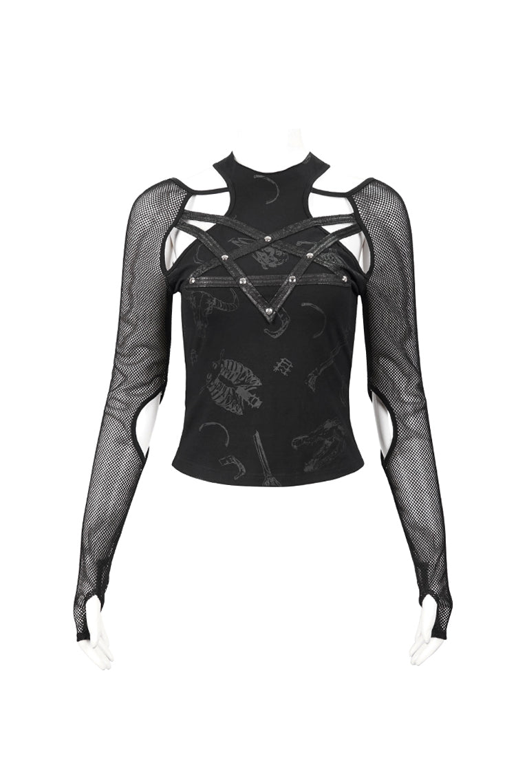 Black Pentagram Leather Striped Long Sleeve Women's Gothic T-Shirt - Product - 6