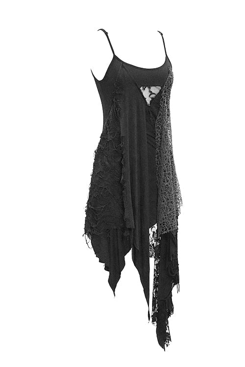 Black Asymmetrical Punk Torn Broken Holes Knitted Womens Slip Dress - Product - 5