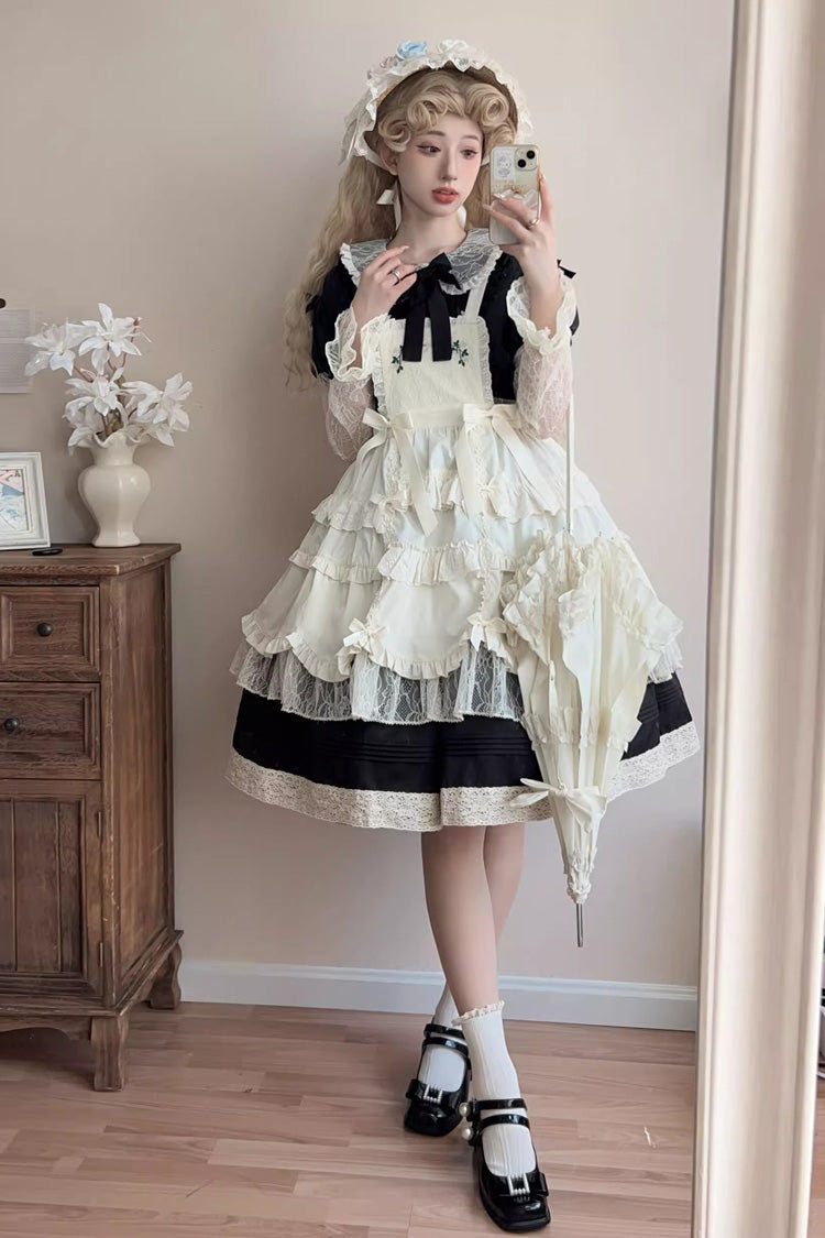 Black [Mist over Flowers Along the Path] Lapel Collar Long Sleeves Embroidery Bowknot Lace Sweet Lolita Dress - Product - 3