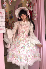 White/Pink Sleeveless Flower Wall Print Ruffle Bowknot Lace Sweet Lolita Jsk Dress - Product - 3