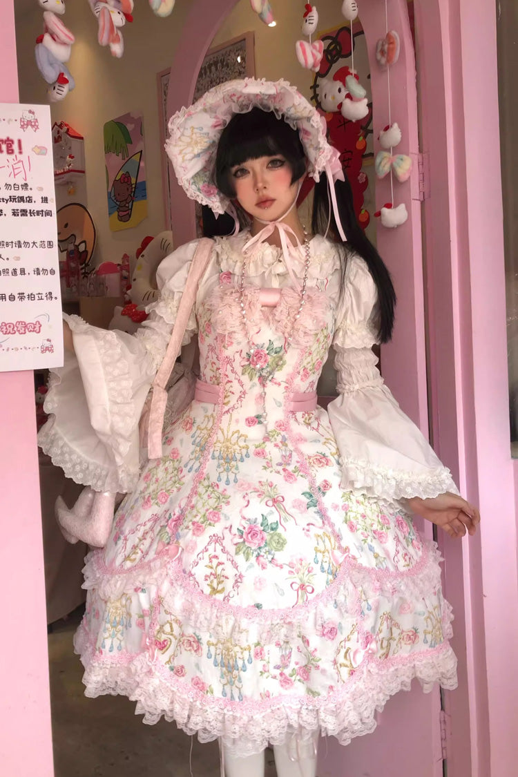 White/Pink Sleeveless Flower Wall Print Ruffle Bowknot Lace Sweet Lolita Jsk Dress - Product - 3