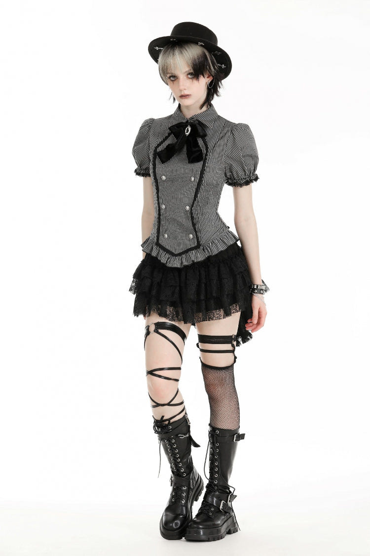 Black/Grey Short Puff Sleeves Lace-Up Striped Double-Breasted Women's Gothic College Style Blouse - Product - 9