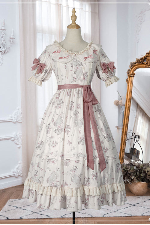 Beige Round Collar Short Sleeves Flower Print High Waist Sweet Lolita OP Dress - Product - 6