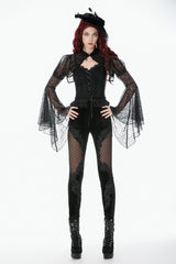 Black Women's Gothic Floral Decal Fishnet Mesh Patchwork Velvet Leggings - Product - 7