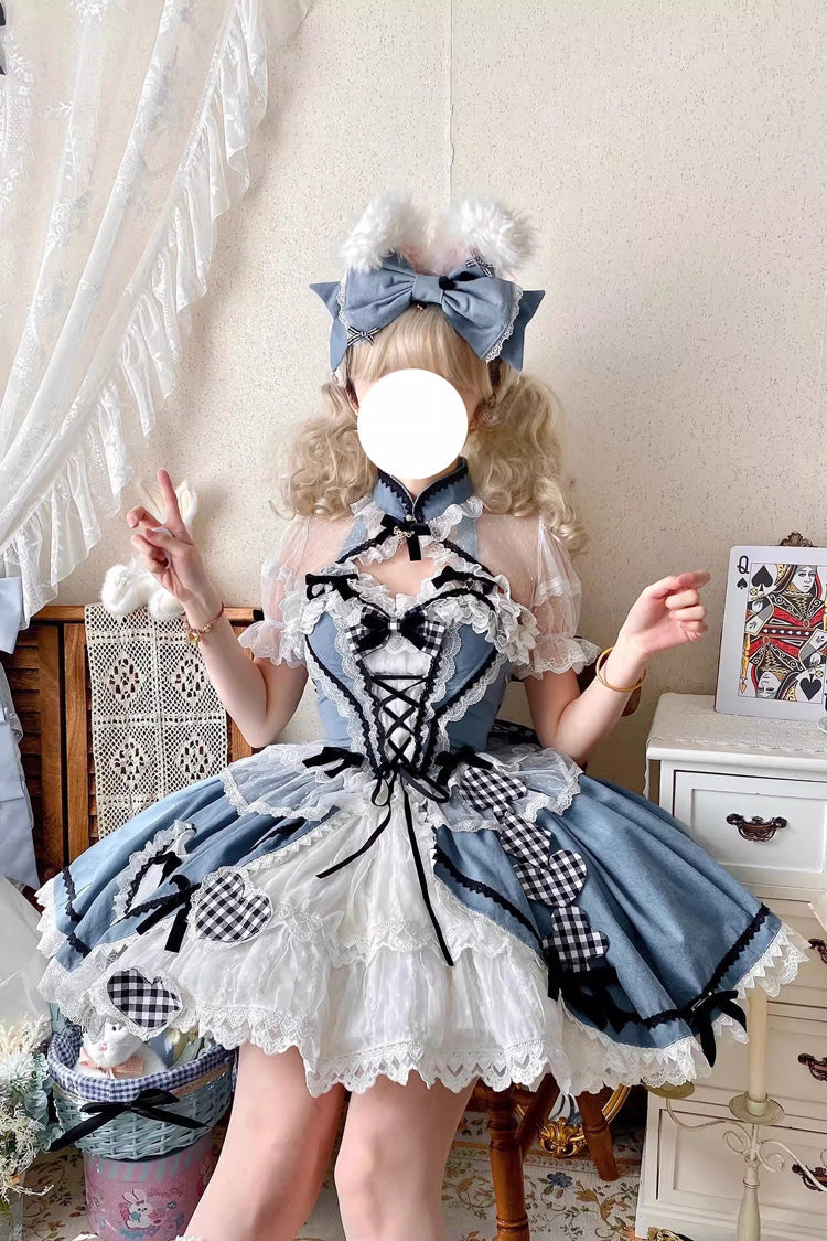 Blue Ruffle Bowknot Lace Sweet Chinese Style Elegant Princess Lolita Skirt (Includes Tops) - Product - 5