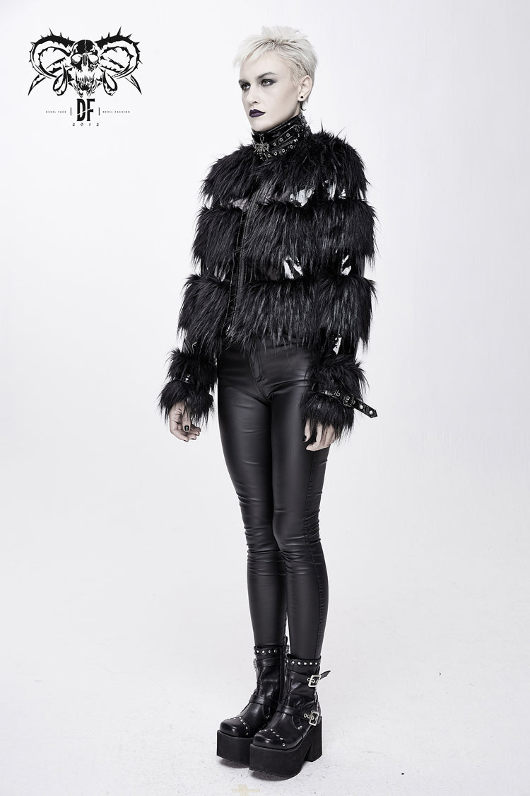 Black Metal Buckle Loop Stand Up Collar Splice Patent Leather Woolen Women's Punk Coat - Product - 5