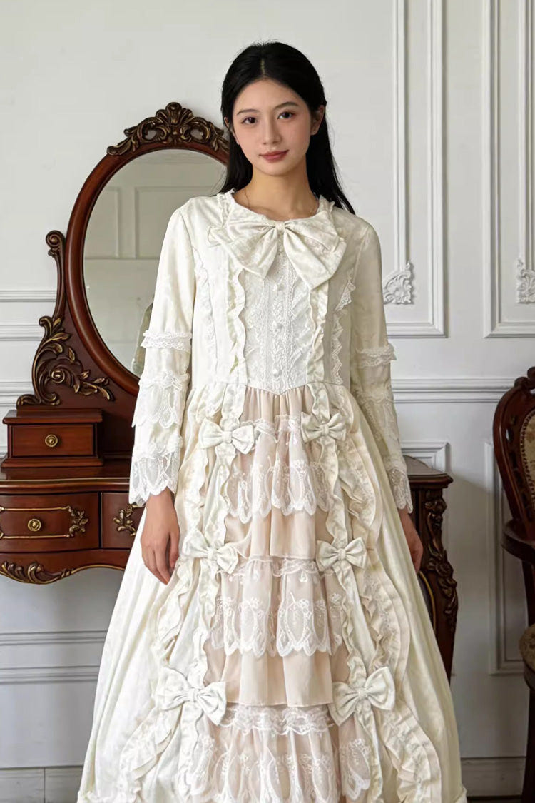 Sweet Plus Size Long Sleeves Triple-Layered Ruffled Open-Front Bow Lace Princess Lolita Victorian Dress - Beige - 6