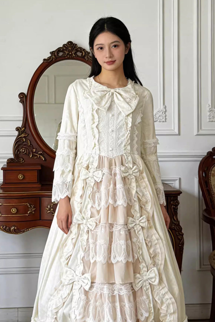 Sweet Plus Size Long Sleeves Triple-Layered Ruffled Open-Front Bow Lace Princess Lolita Victorian Dress - Beige - 6