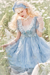 Blue High Waisted Planet Butterfly Print Ruffle Lace Sweet Lolita Dress - Product - 9