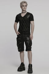 Black Short Sleeves Jacquard Faux Leather Stitching Ripped Rivet Men's Punk T-Shirt - Product - 4