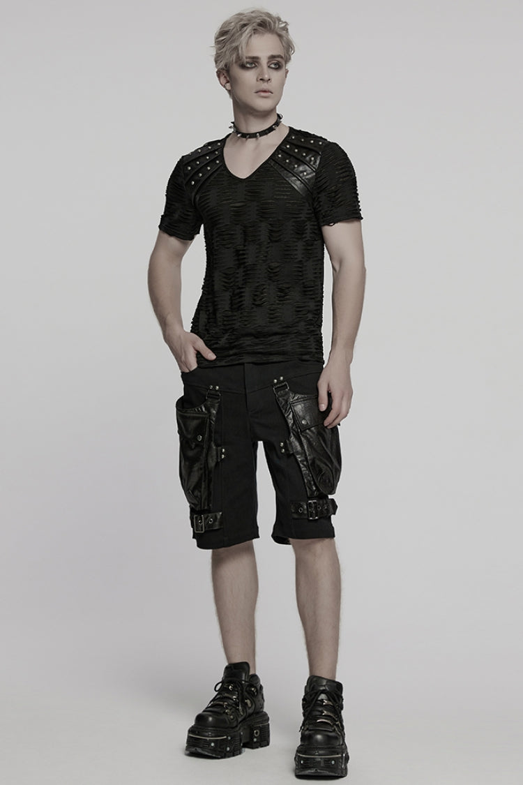 Black Short Sleeves Jacquard Faux Leather Stitching Ripped Rivet Men's Punk T-Shirt - Product - 4