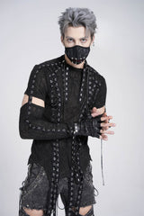 Black Long Sleeves Strap Lace-Up Irregular Mesh Men's Gothic T-Shirt - Product - 3