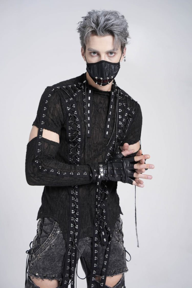 Black Long Sleeves Strap Lace-Up Irregular Mesh Men's Gothic T-Shirt - Product - 3