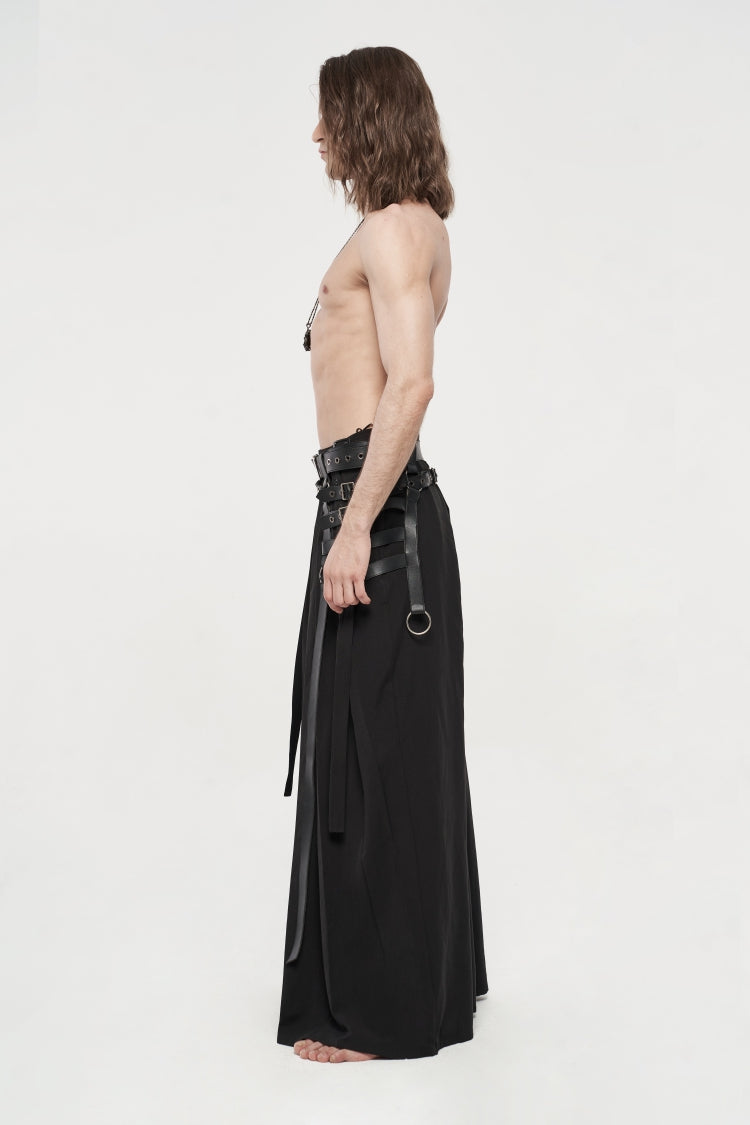 Black Asymmetric Buckled Men's  Japanese Punk Warrior Pantskirts With Harness - Product - 4
