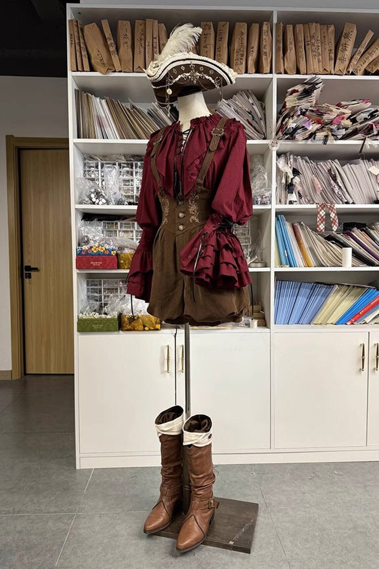 Wine Red Pirate Series Navigation Treasure Hunting Guide V Collar Long Hime Sleeves Ouji Lolita Blouse - Product - 4
