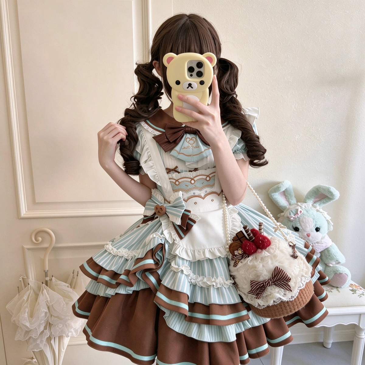 Blue and Brown Ruffled Striped Maid Lolita Dress Set with Apron Bow Accent - view 3