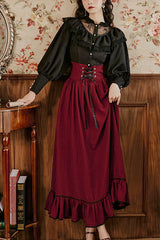 Wine Vintage Palace Style Ruffled Stripe Print High Waisted Classic Lolita Dress Skirt - Wine - 1
