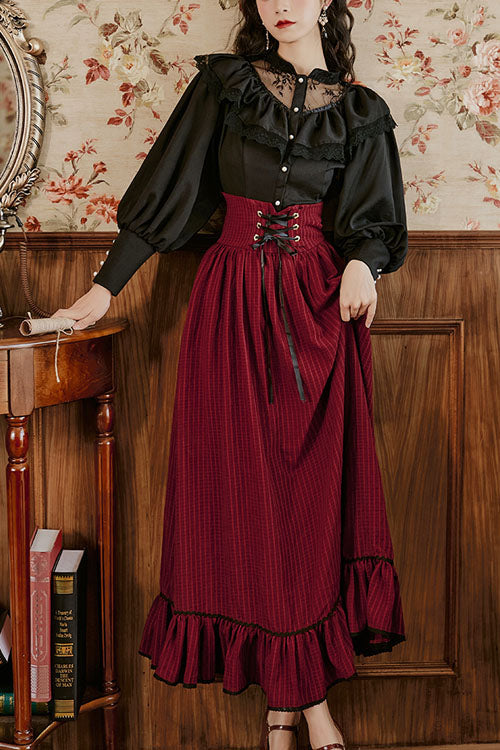 Wine Vintage Palace Style Ruffled Stripe Print High Waisted Classic Lolita Dress Skirt - Wine - 1