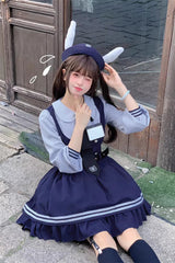 Blue [Rabbit Officer] Long Sleeves Printed Ruffled Faux Two-Piece College Style Sweet Lolita Dress - Product - 15