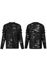 Black Gothic Broken Holes Knitted Fabric Stitching Metal Buckle Detachable Decorative Tape Long Sleeve Men's T-Shirt - Product - 5