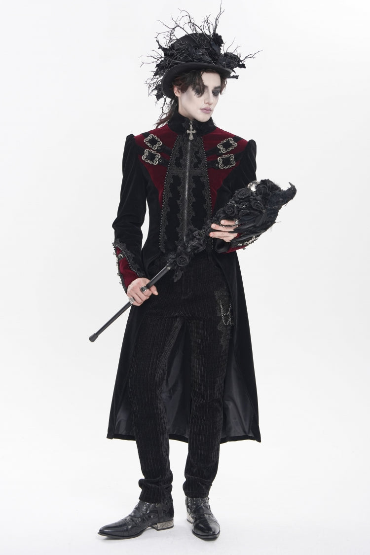 Black Stand Collar Long Sleeves Embroidered Color-Blocked Buckled Zippered Men's Gothic Palace Jacket - Product - 6