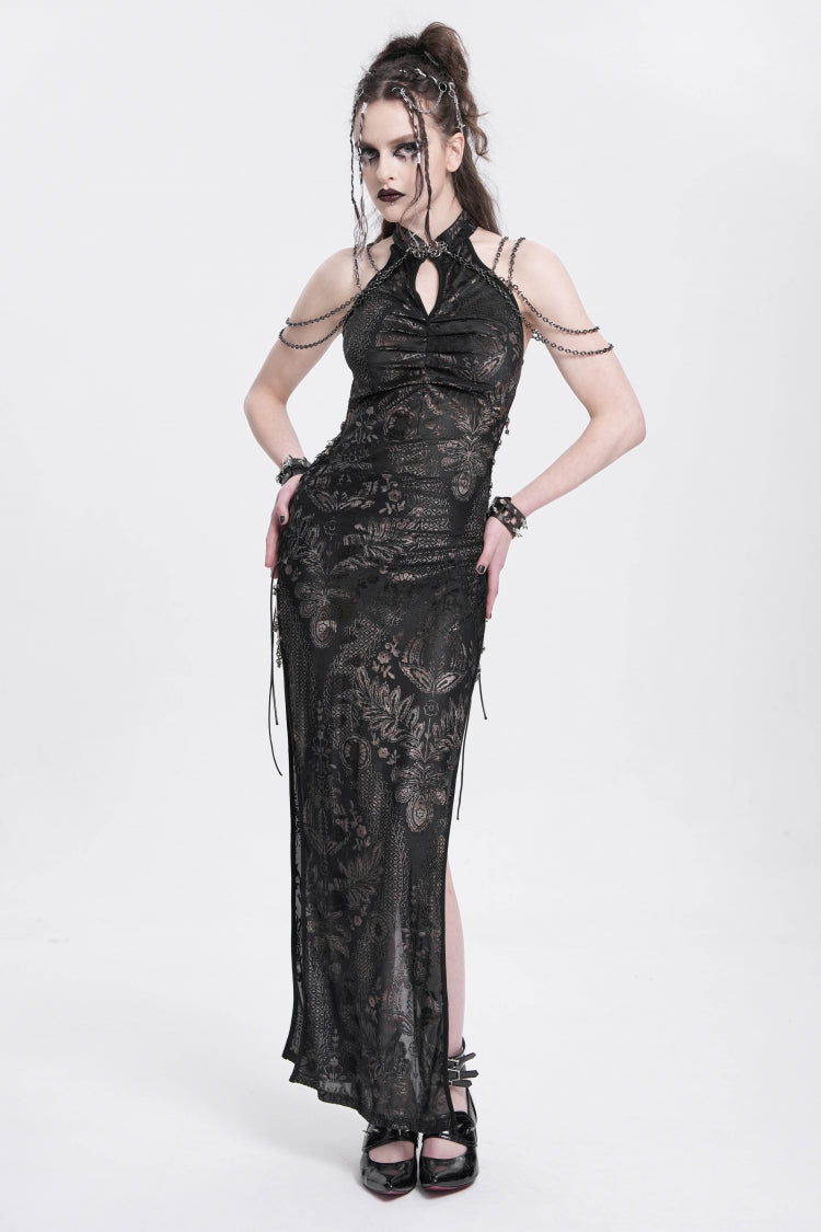 Black Off Shoulder Halterneck Sleeveless Side Slit Women's Gothic Dress - Black - 1