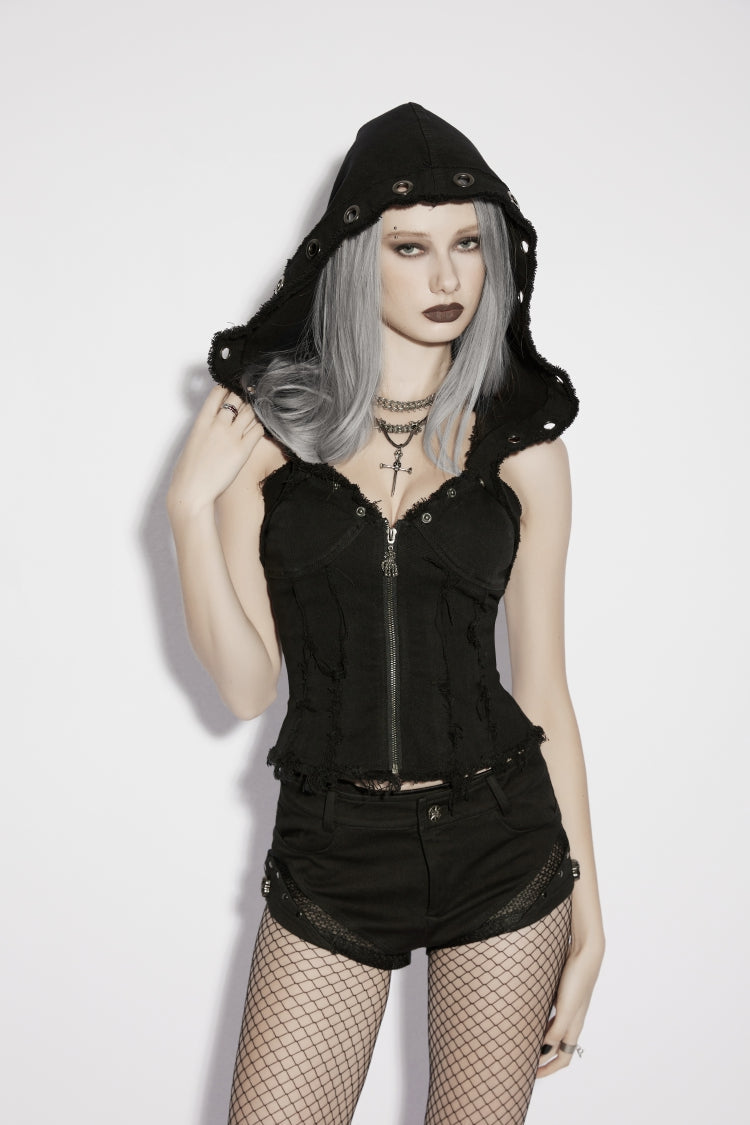 Black Slim Hooded Buckled Zippered Women's Punk Cool Vest - Black - 1