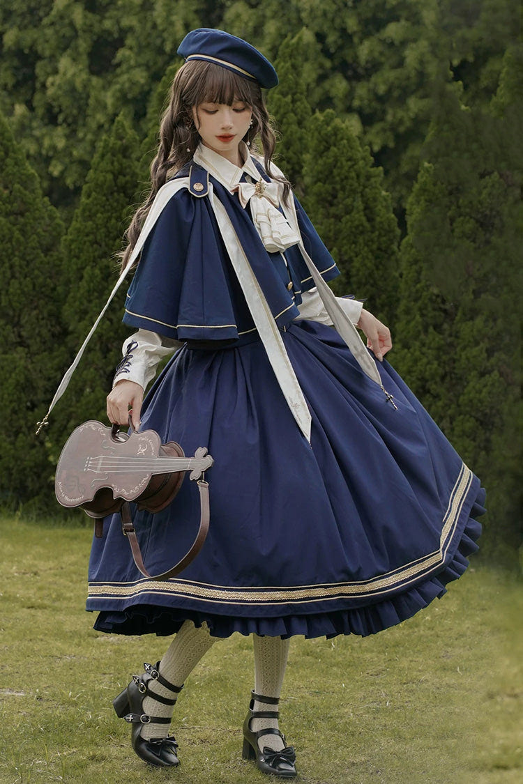 Blue [Choir] Sleeveless Ruffled Lace-Up Classic Military Preppy Style Lolita Bustier Dress Set - Product - 2