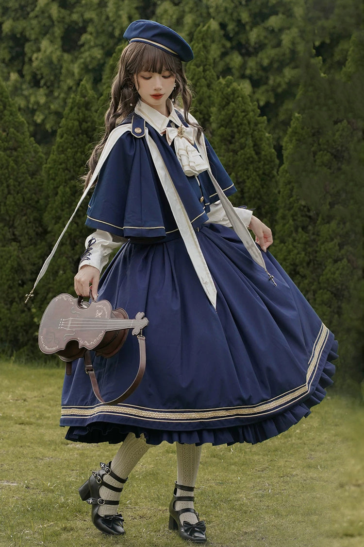 Blue [Choir] Sleeveless Ruffled Lace-Up Classic Military Preppy Style Lolita Bustier Dress Set - Product - 2