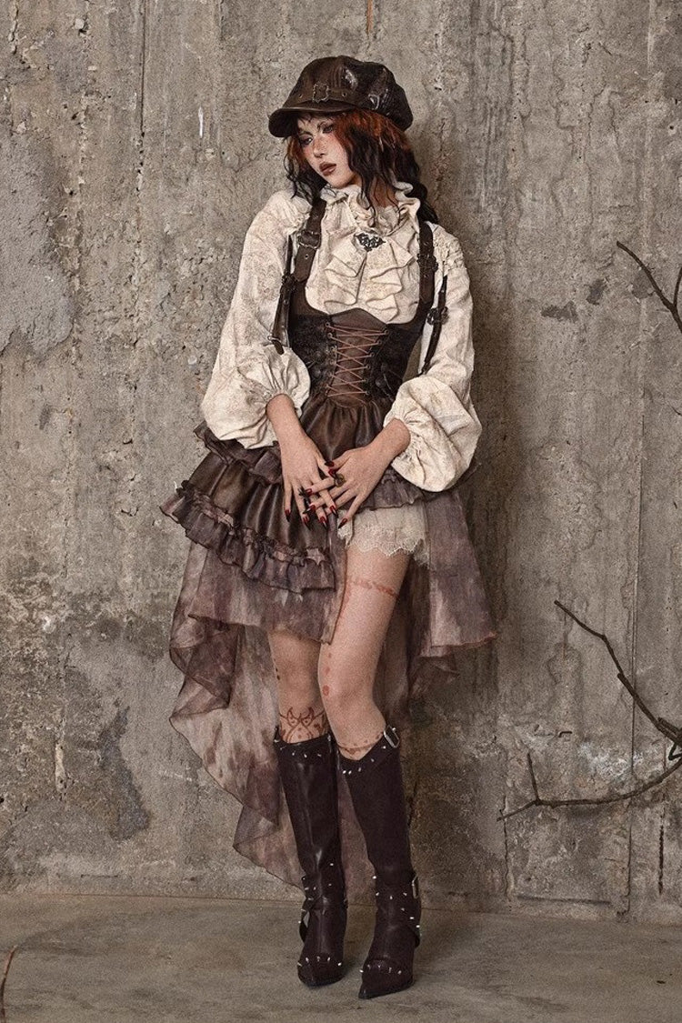 Brown Chest Straps Ruffle Irregular Detachable Tail Punk Lolita Dress - Product - 6