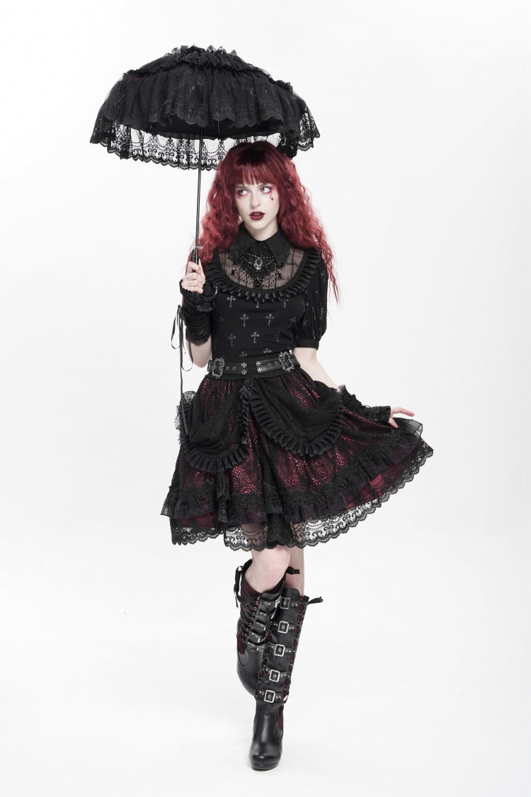 Black/Red Multi-Layered Ruffle Buckle Straps Women's Gothic Skirt - Product - 15