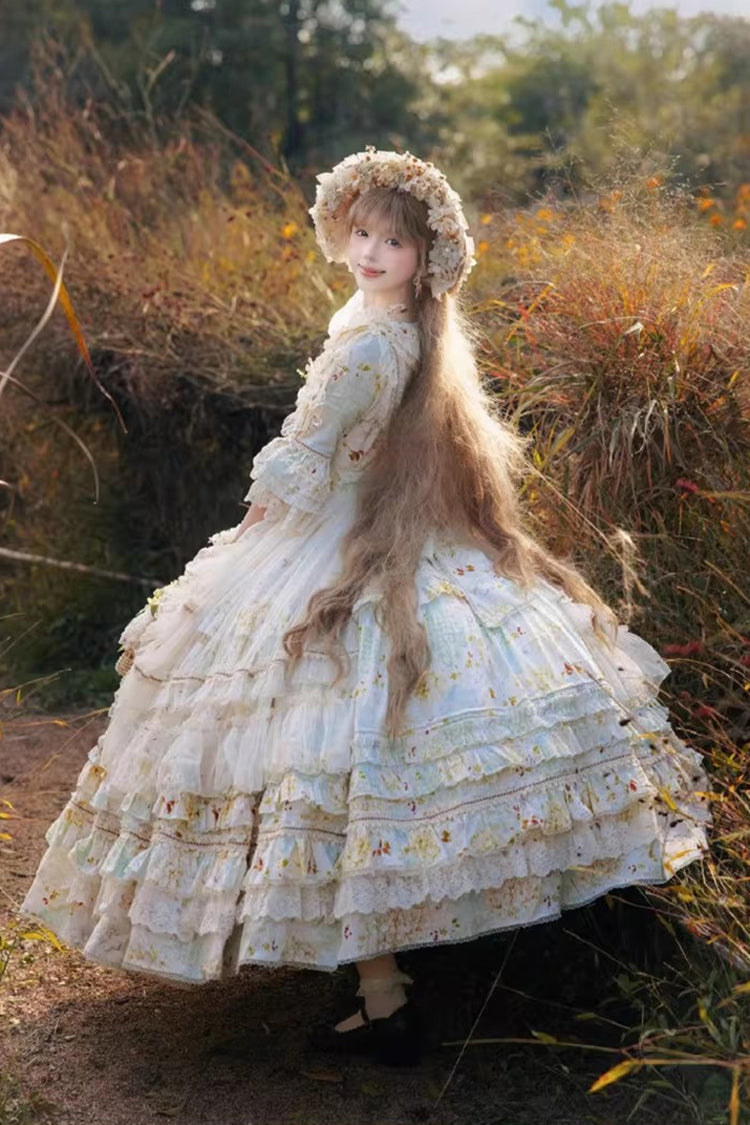 Green [Little Daisy] Lapel Collar Half Sleeves Multi-Layered Printed Bow Lace Princess Gorgeous Plus Size Sweet Lolita Dress - Product - 8
