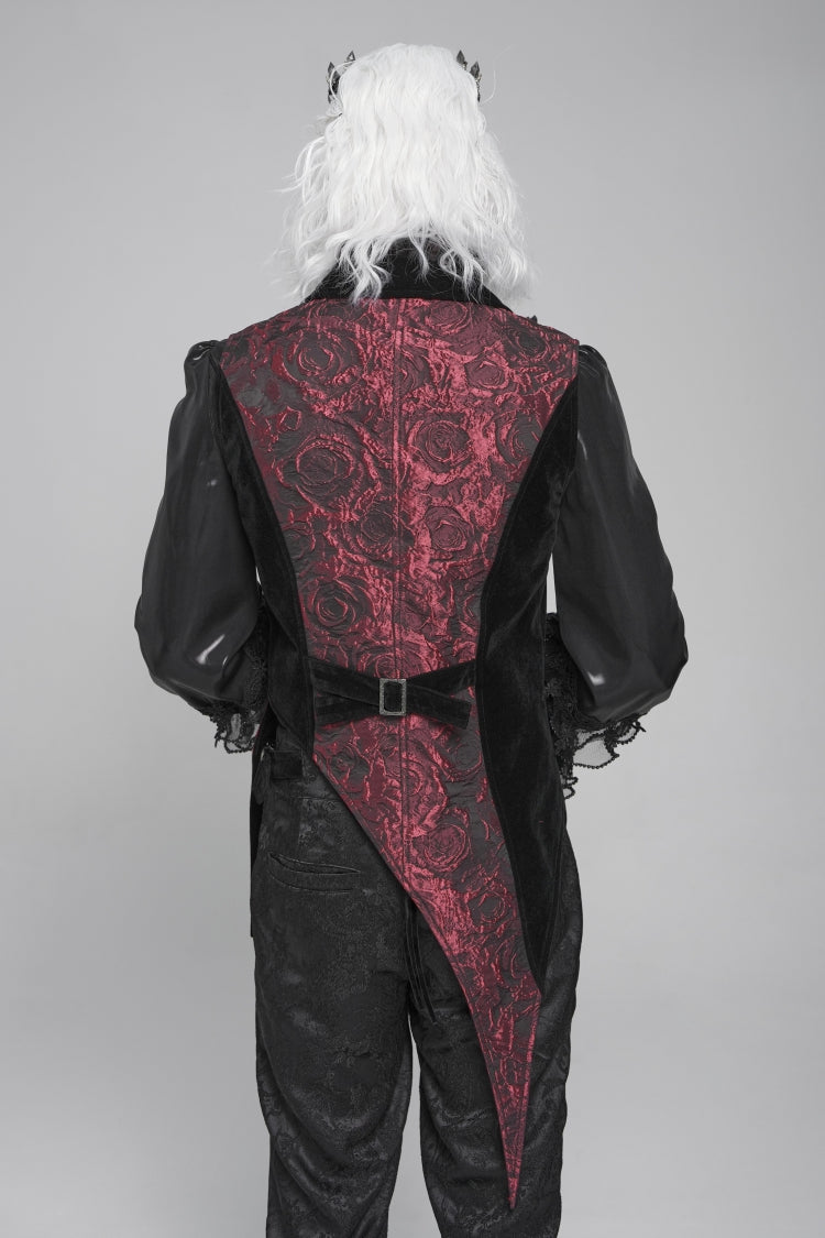 Black Long Sleeves Rose Print Irregular Contrast Color Men's Gothic Vest with Detachable Feather Accessory - Product - 2