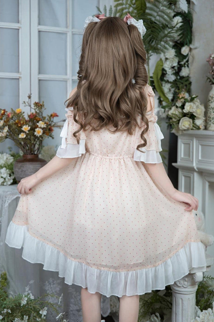 Pink Off Shoulder Short Sleeves Polka Dots Printed Ruffled Bow Lace Sweet Elegant Palace Lolita Dress - Product - 3