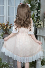 Pink Off Shoulder Short Sleeves Polka Dots Printed Ruffled Bow Lace Sweet Elegant Palace Lolita Dress - Product - 3