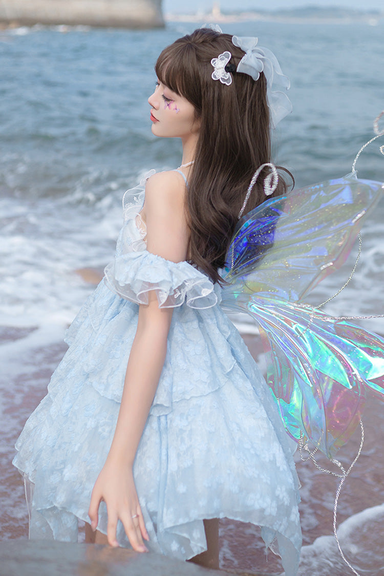 Blue [Summer of Bubbles] Sleeveless Ruffle Embroidery Lace Irregular Short Sweet Lolita Jsk Dress - Product - 3