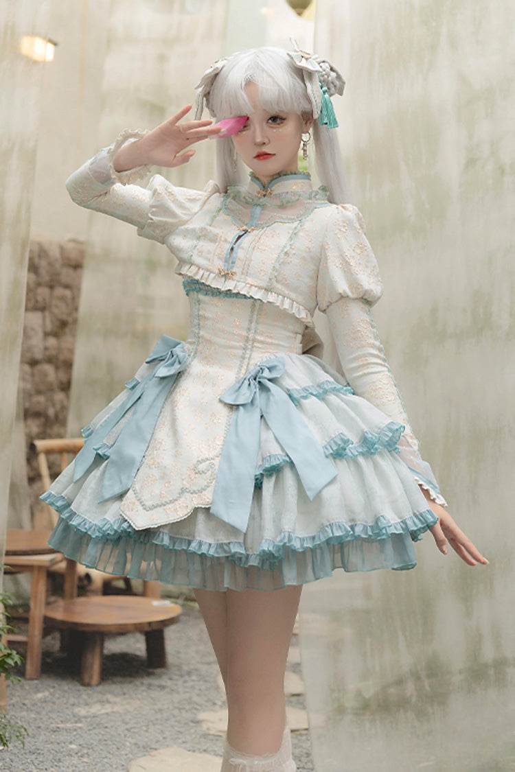 Light Green Multi-layer Ruffle Embroidery Bowknot Chinese Style Sweet Lolita Jsk Dress - Green - 1