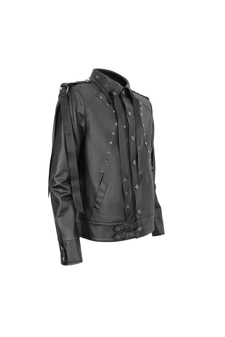 Black Lapel Collar Studded Strap Dashing Men's Punk Jacket - Product - 7