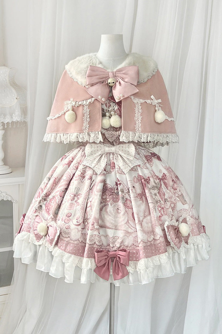 Pink [Sweet Dessert Cat] Print Ruffle Bowknot Lace Sweet Princess Lolita Dress Set - Pink - 1