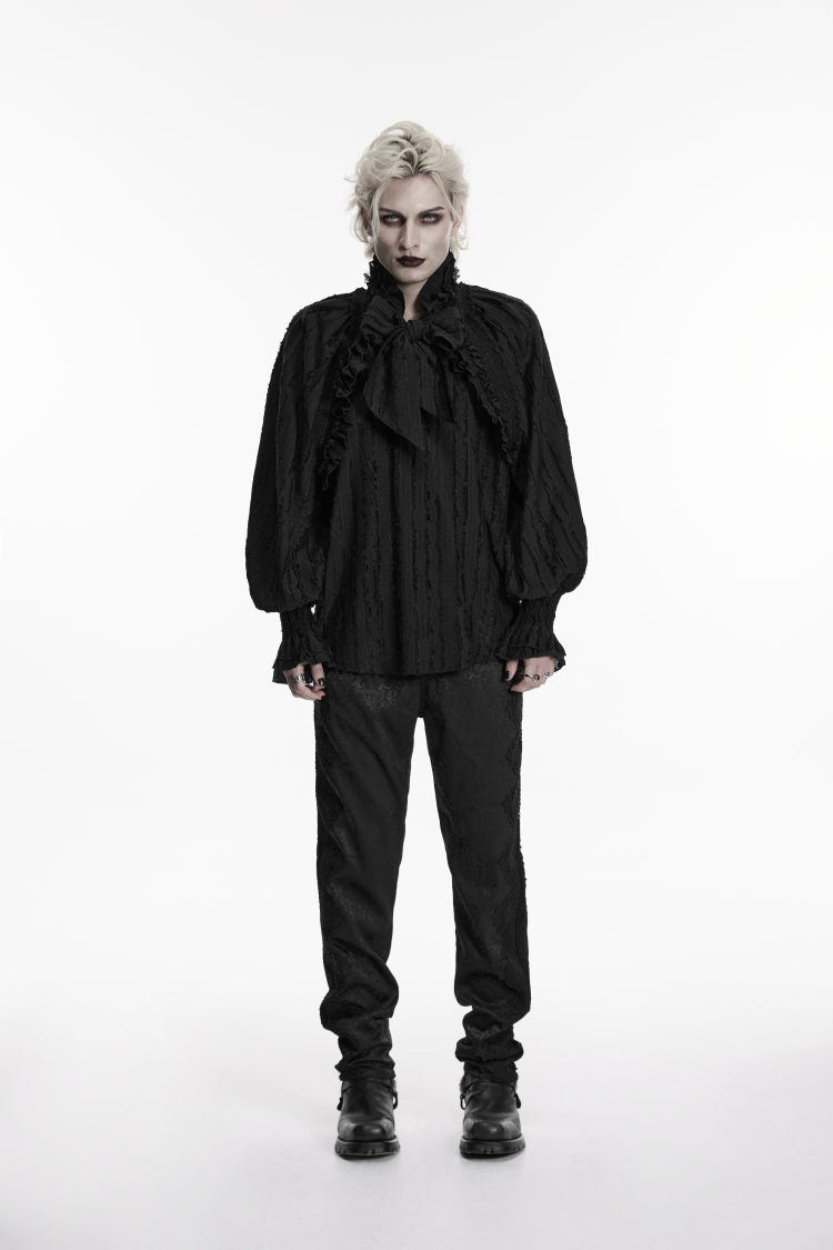 Black Stand Collar Long Lantern Sleeves Bow Lace Pleated Men's Gothic Shirt - Product - 1