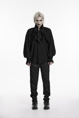 Black Stand Collar Long Lantern Sleeves Bow Lace Pleated Men's Gothic Shirt - Product - 1