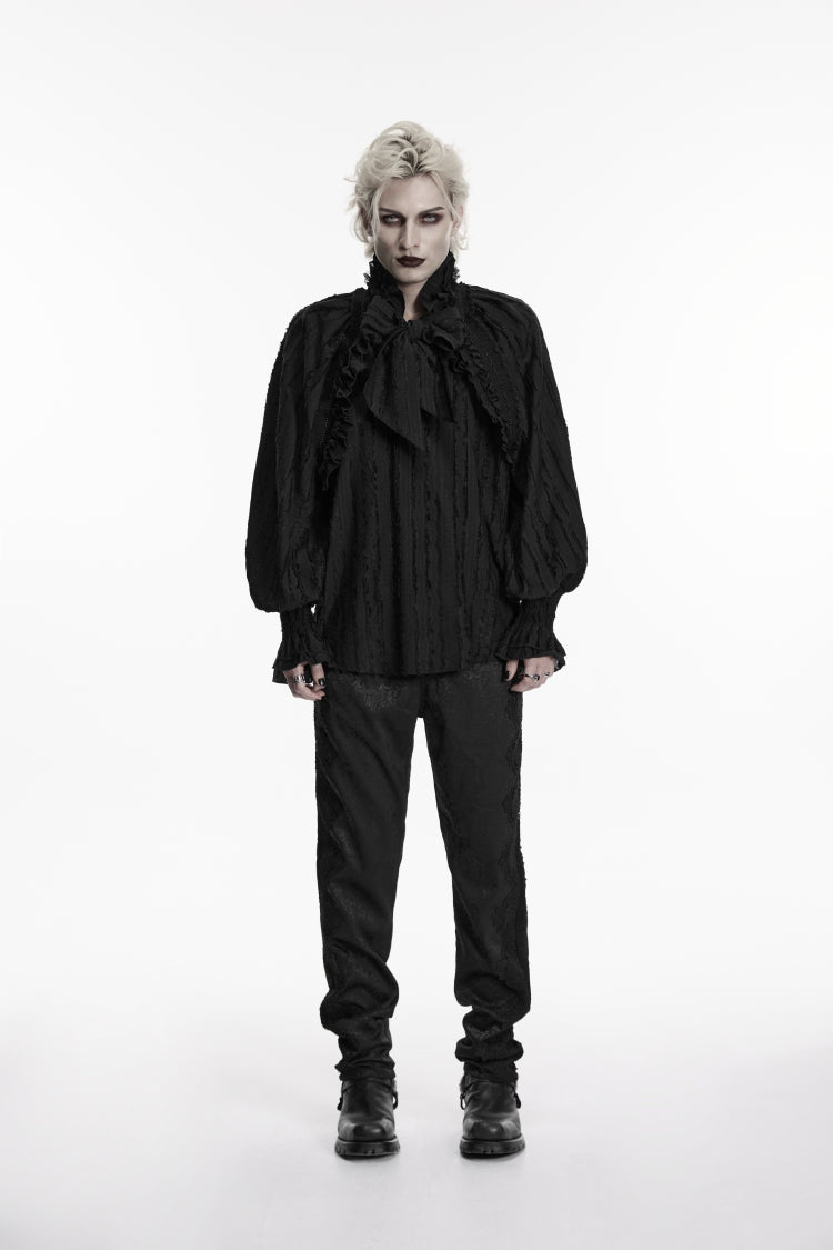 Black Stand Collar Long Lantern Sleeves Bow Lace Pleated Men's Gothic Shirt - Product - 1