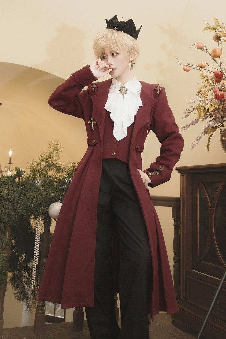 Red [The Legend of Dracula] Bat Collar Long Sleeves Prince Handsome Ouji Lolita Coat - Product - 9