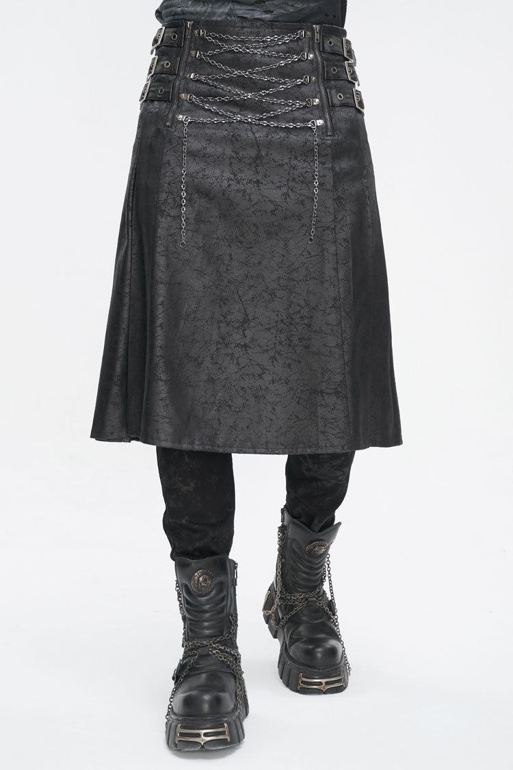 Black Print Chain Multi Buckle Men's Gothic Skirt - Black - 1