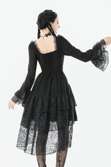 Black Square Collar Long Trumpet Sleeves Lace Lace-Up Multi-Layered High-Low Women's Gothic Dress - Product - 4